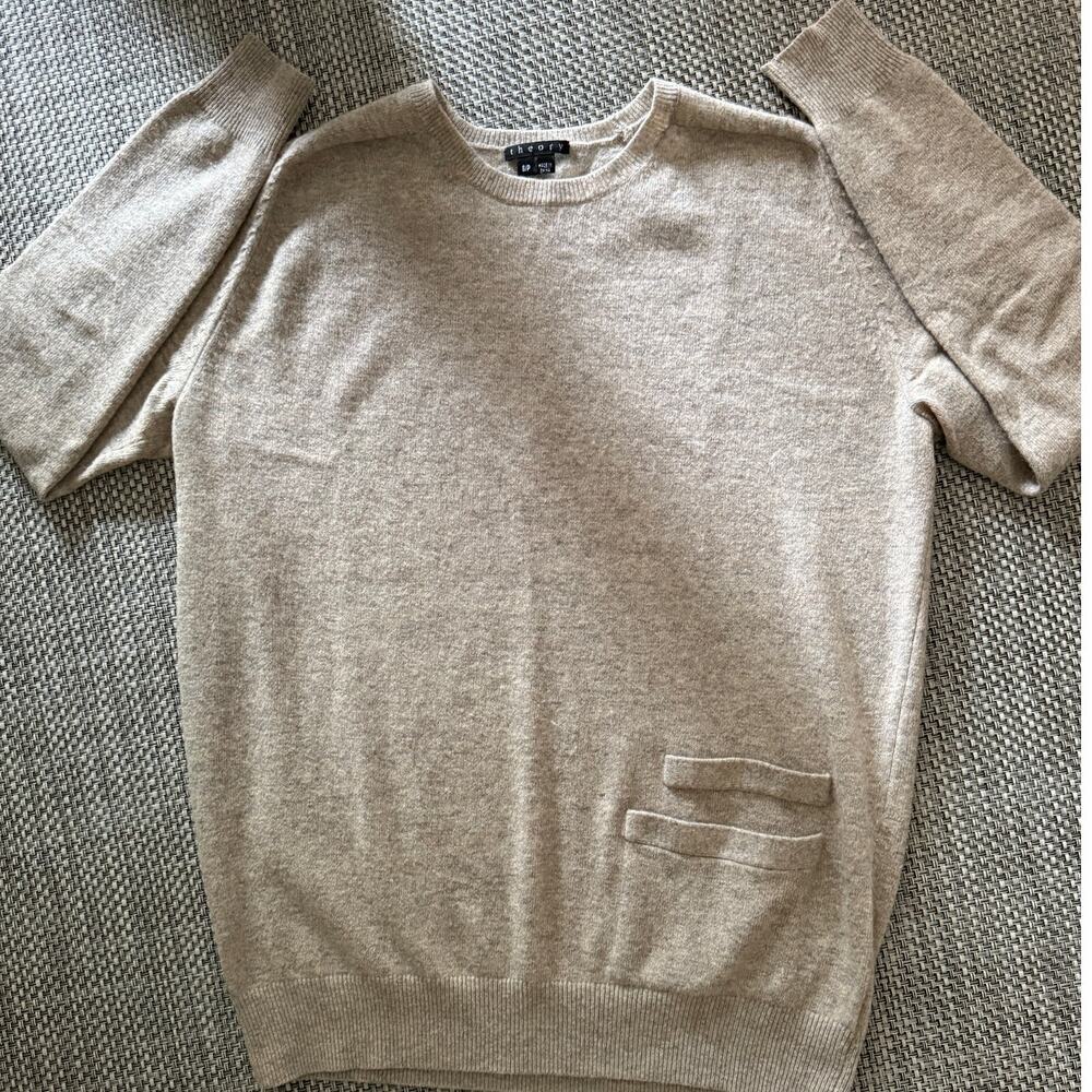 THEORY Cashmere/Wool Crewneck Hip Pocket Long Sleeve Pullover Sweater Beige S
